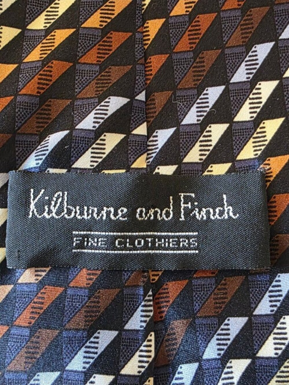 Kilburne & Finch Geometric Silk Tie Brown Blue Gold Retro Necktie 100% Silk - Picture 8 of 11